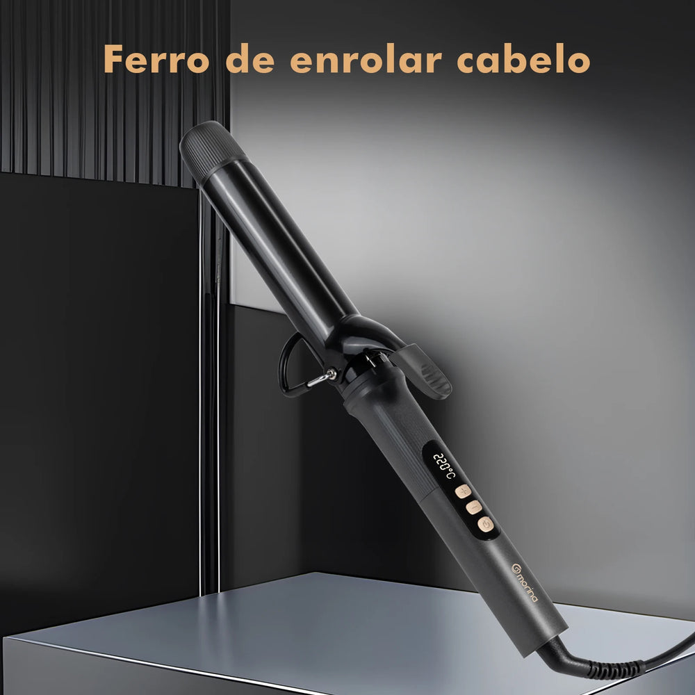 Modelador de Cabelo 32mm com Display LCD, Preto e Dourado, 5 Temperaturas (140°C-220°C), Revestimento Cerâmico, Bivolt 110-220V